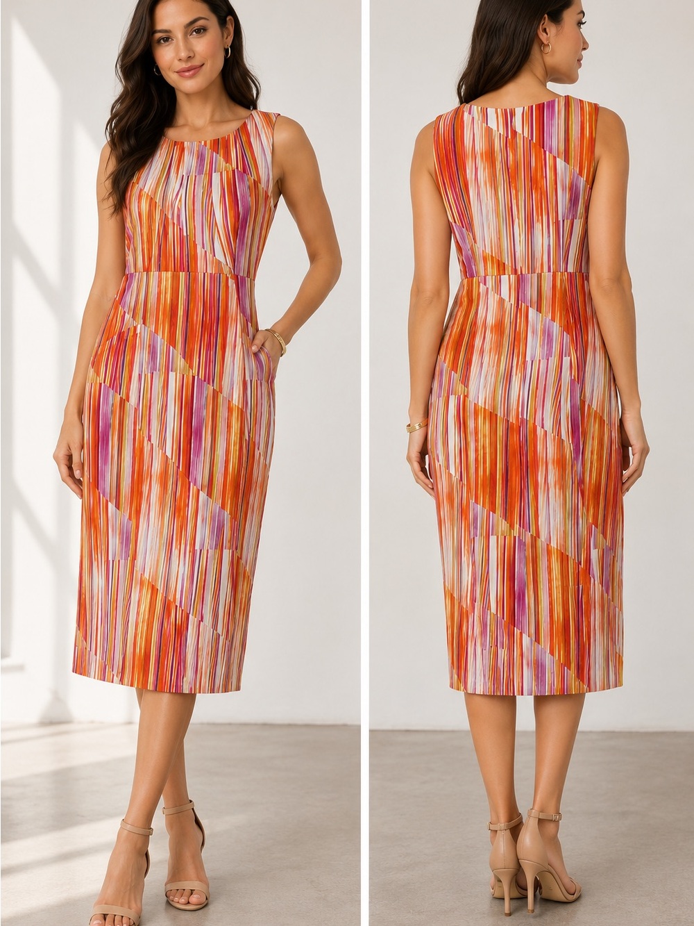 SHARON YOUNG Dress Midi Colored Stripes Sz 10